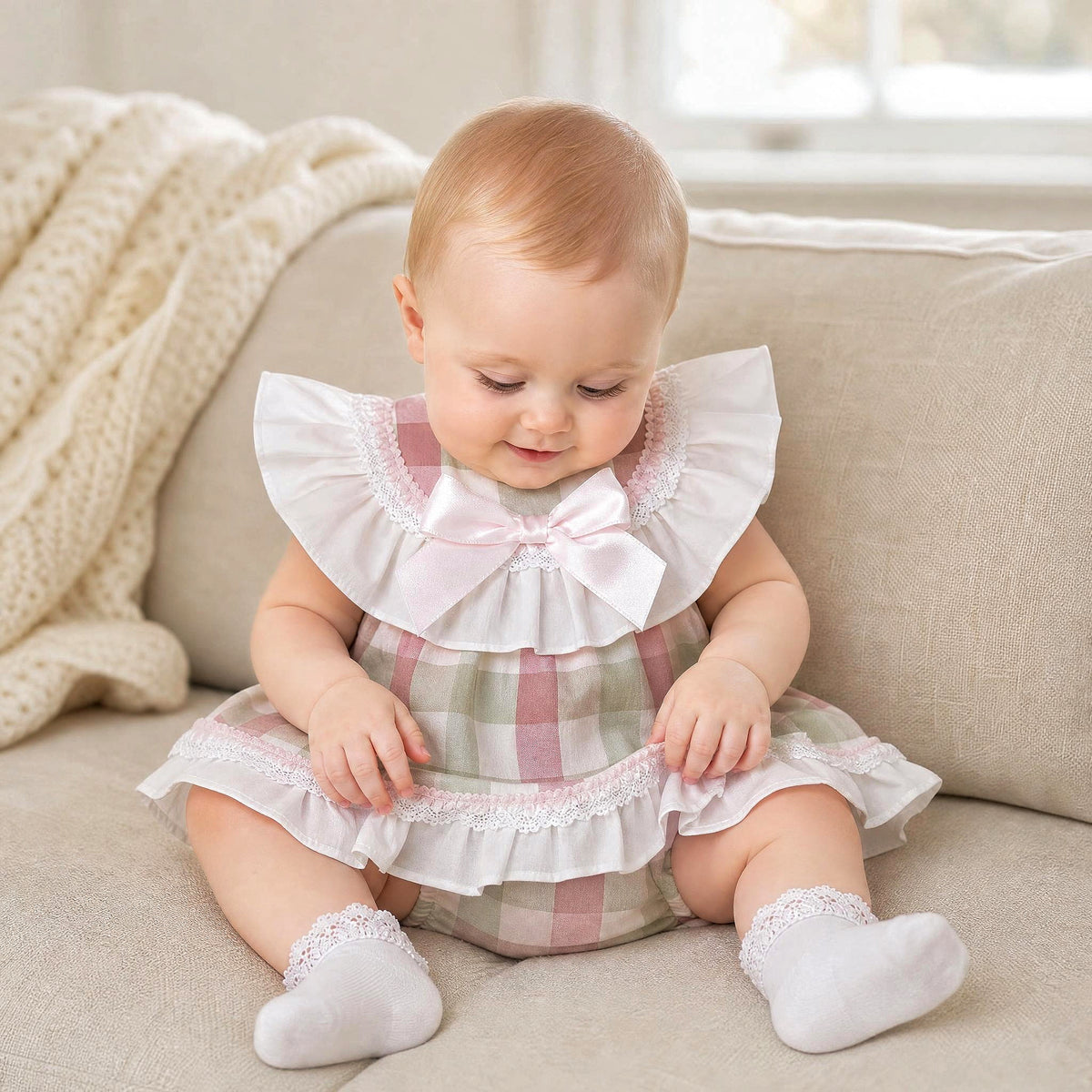 Baby Girls Pink Checked Cotton Puff Ball Dress