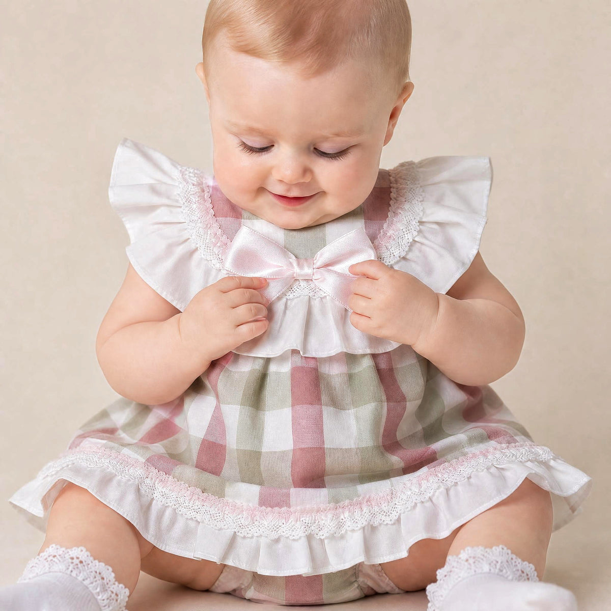 Baby Girls Pink Checked Cotton Puff Ball Dress