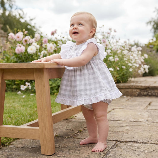 Baby Girls Blue Checked Puff Sleeve Cotton Dress