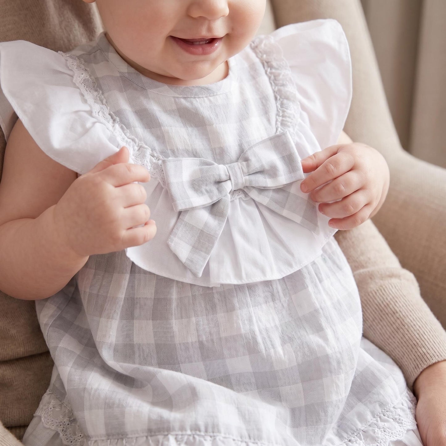 Baby Girls Blue Checked Puff Sleeve Cotton Dress