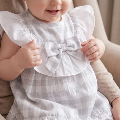Baby Girls Blue Checked Puff Sleeve Cotton Dress