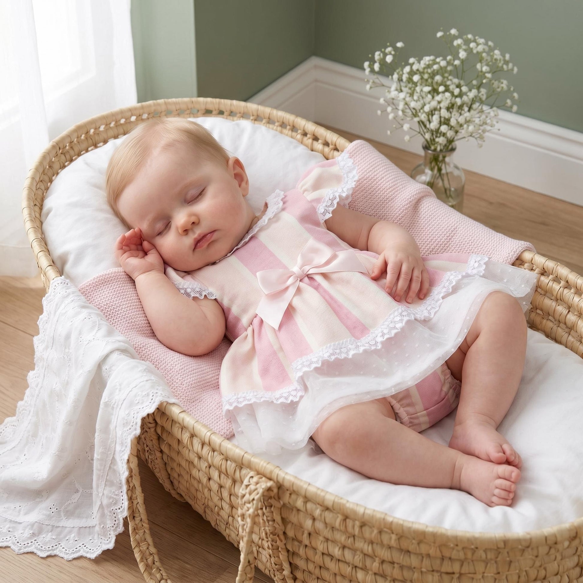 Baby Girls Pink & Cream Puff Sleeve Dress & Pants Set