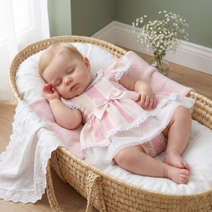 Baby Girls Pink & Cream Puff Sleeve Dress & Pants Set