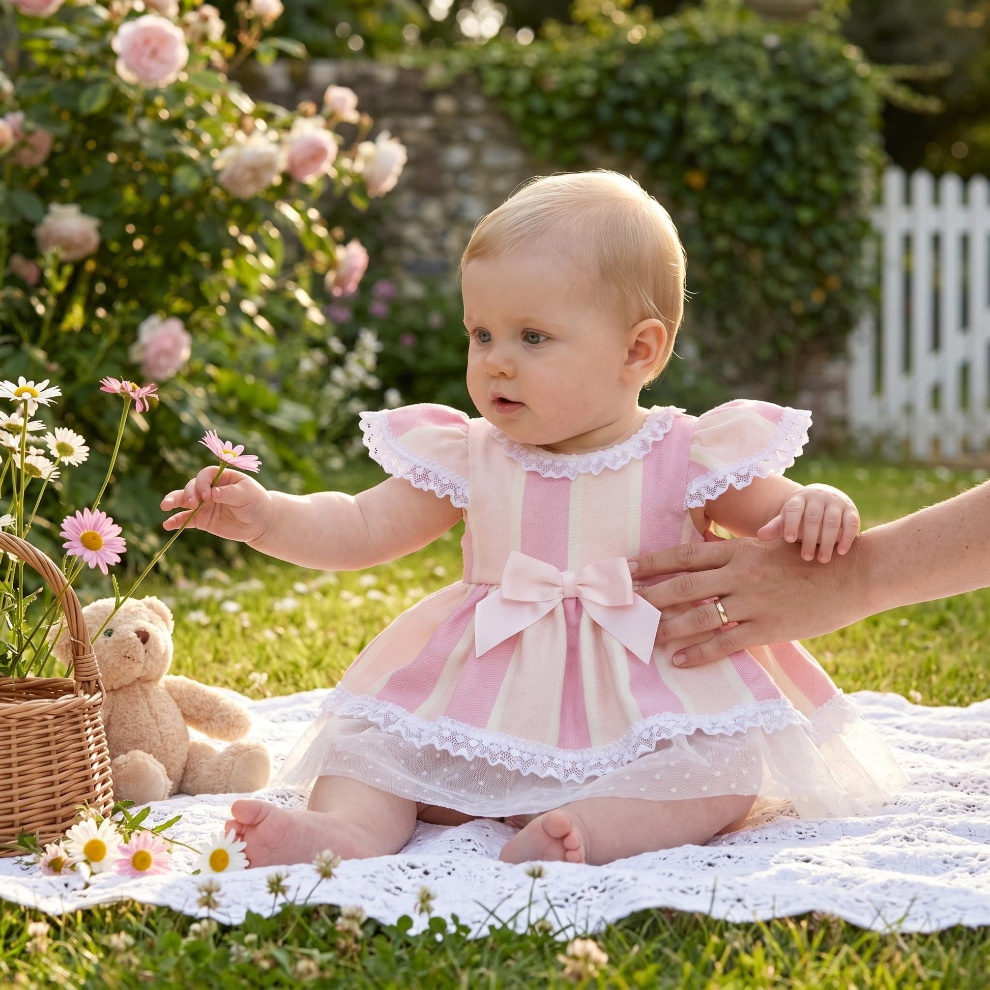 Baby Girls Pink & Cream Puff Sleeve Dress & Pants Set