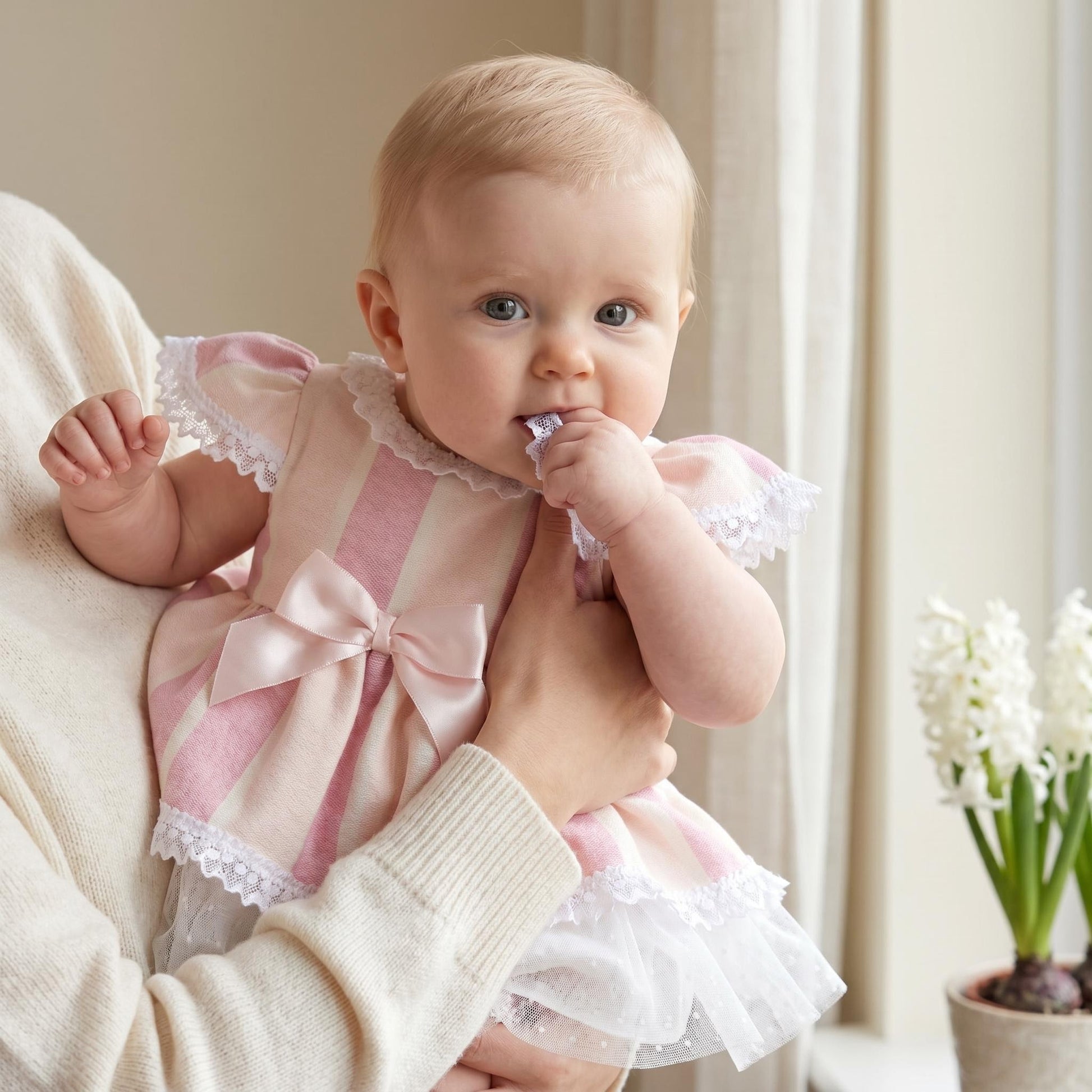 Baby Girls Pink & Cream Puff Sleeve Dress & Pants Set
