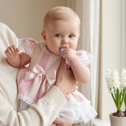 Baby Girls Pink & Cream Puff Sleeve Dress & Pants Set