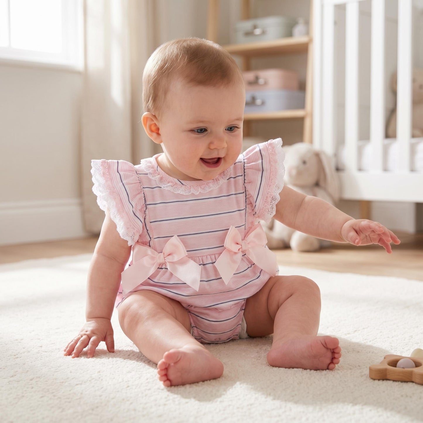 Baby Girls Pink Stripe Frill Shoulder Romper
