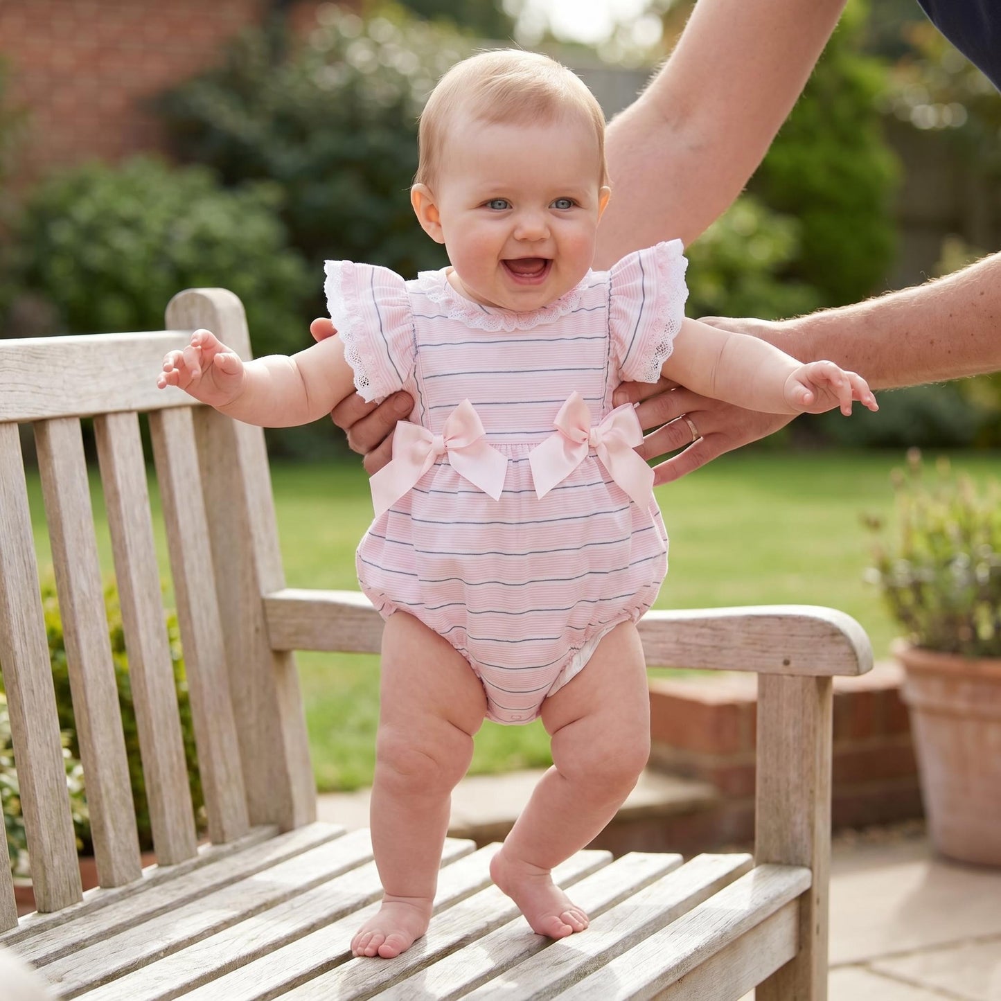 Baby Girls Pink Stripe Frill Shoulder Romper