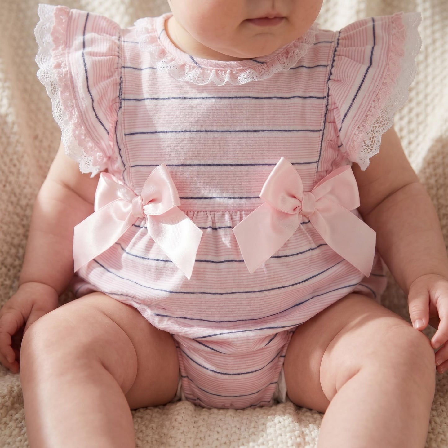 Baby Girls Pink Stripe Frill Shoulder Romper