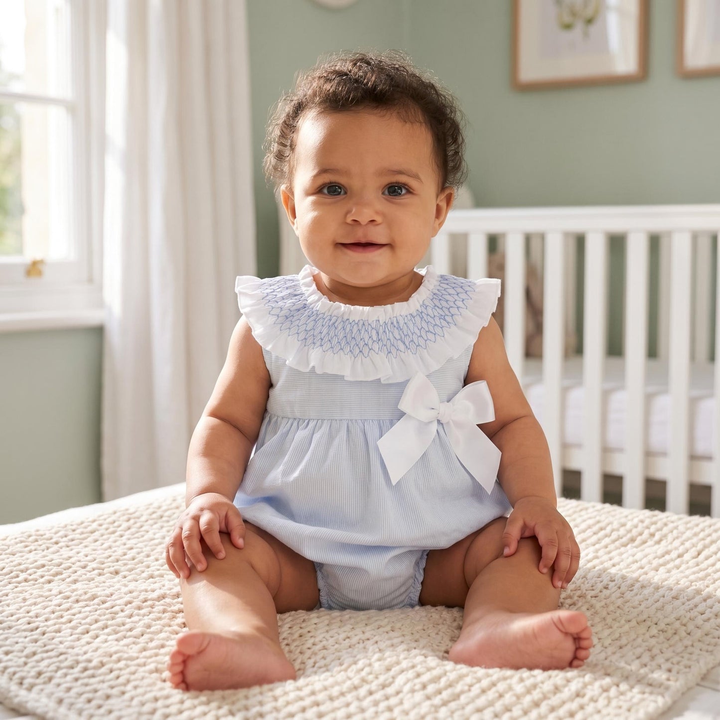 Baby Girls Pale Blue Stripe Smocked Collar Romper
