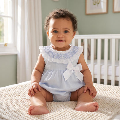Baby Girls Pale Blue Stripe Smocked Collar Romper