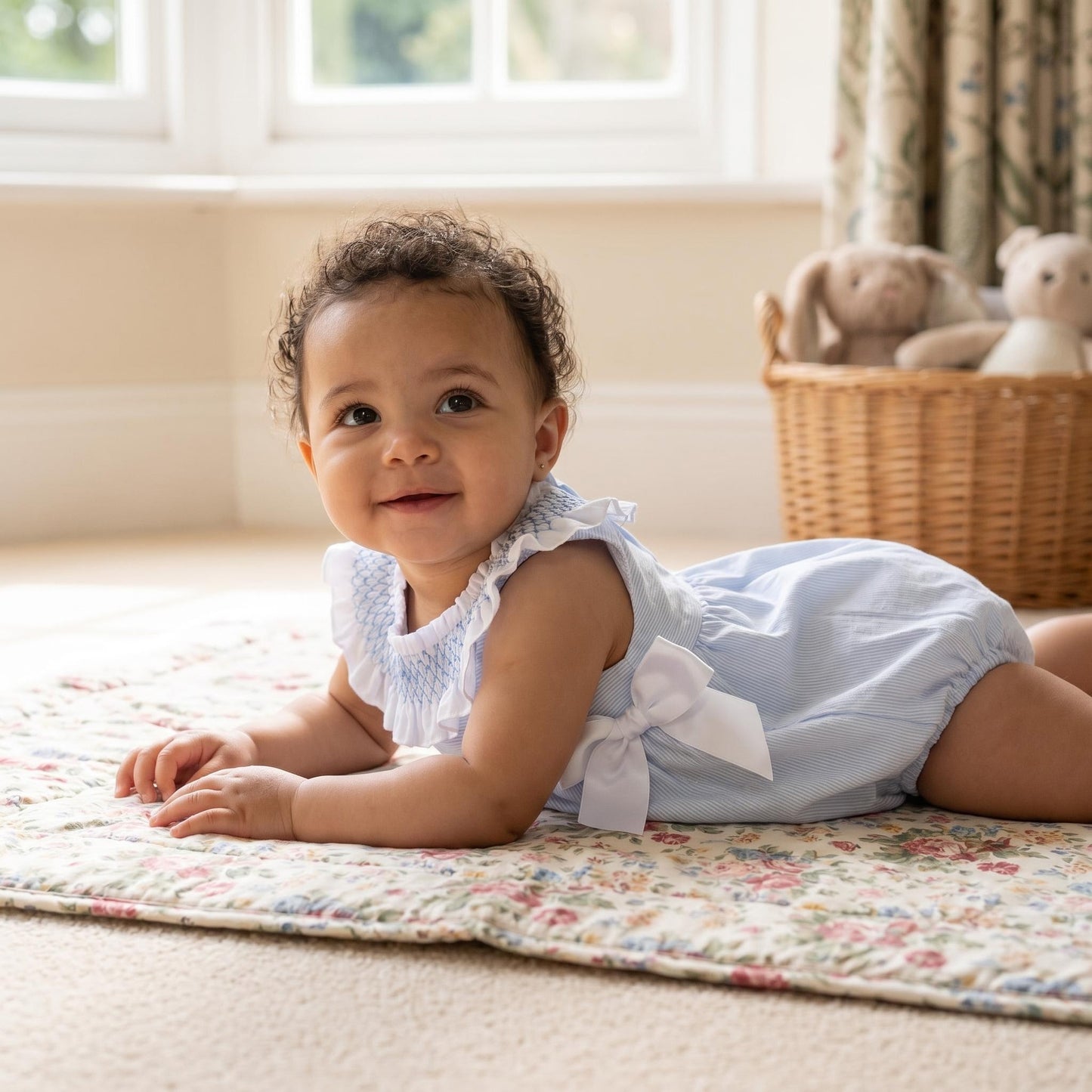 Baby Girls Pale Blue Stripe Smocked Collar Romper