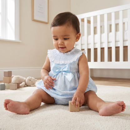 Baby Girls Pale Blue Floral Smocked Romper