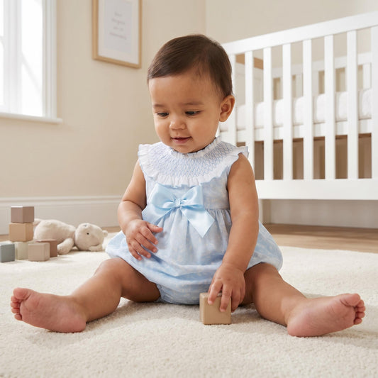 Baby Girls Pale Blue Floral Smocked Romper