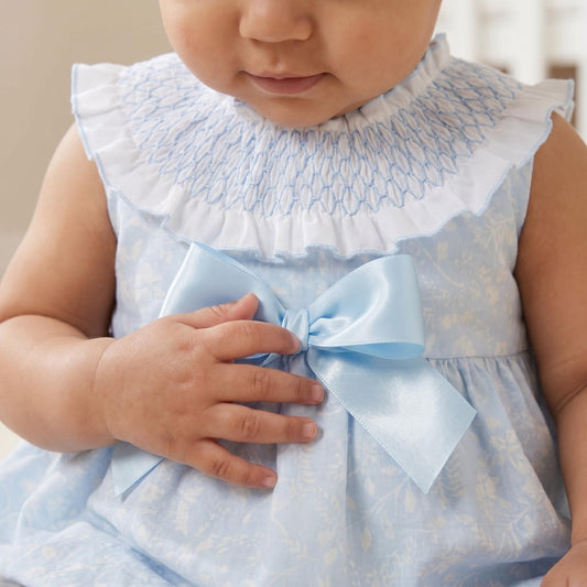 Baby Girls Pale Blue Floral Smocked Romper
