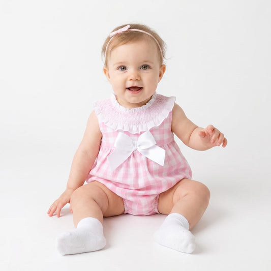Baby Girls Pink Checked Smocked Romper