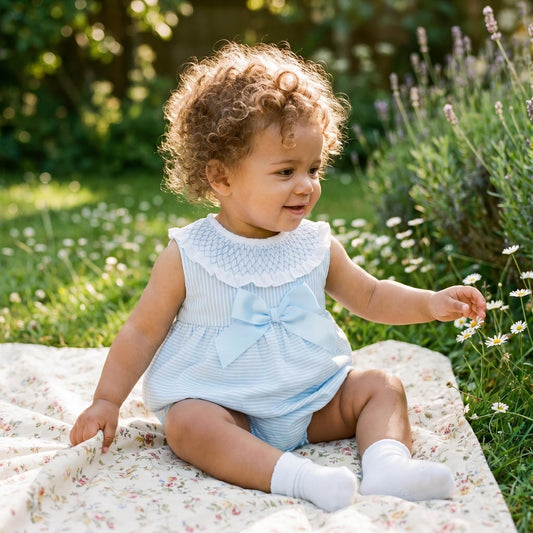 Baby Girls Blue Stripe Smocked Romper