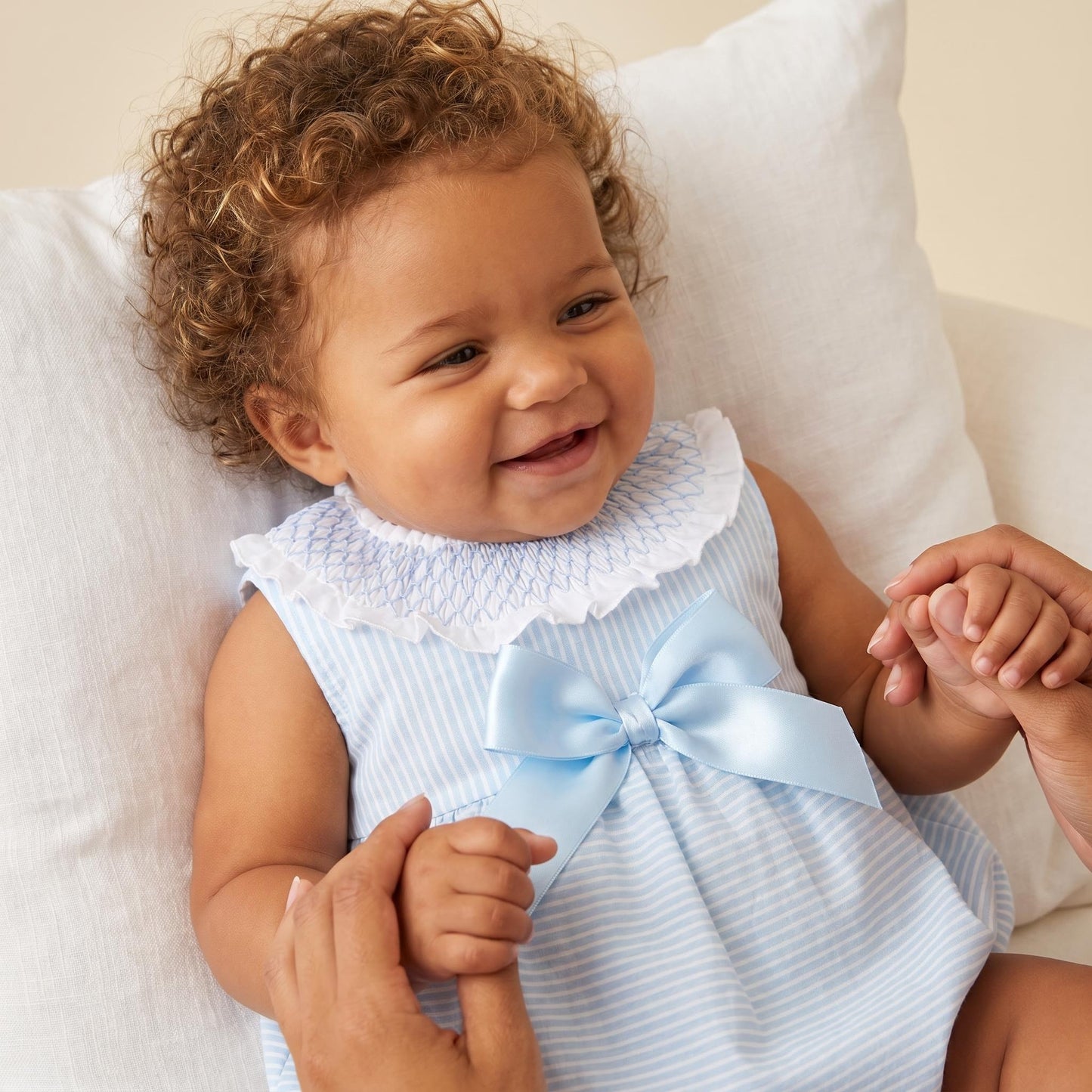 Baby Girls Blue Stripe Smocked Romper