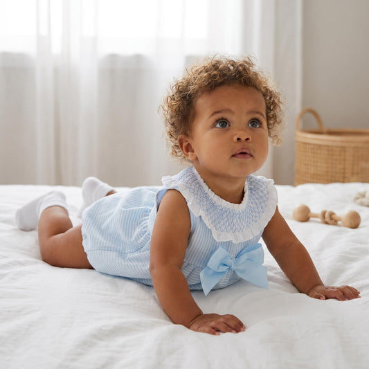 Baby Girls Blue Stripe Smocked Romper