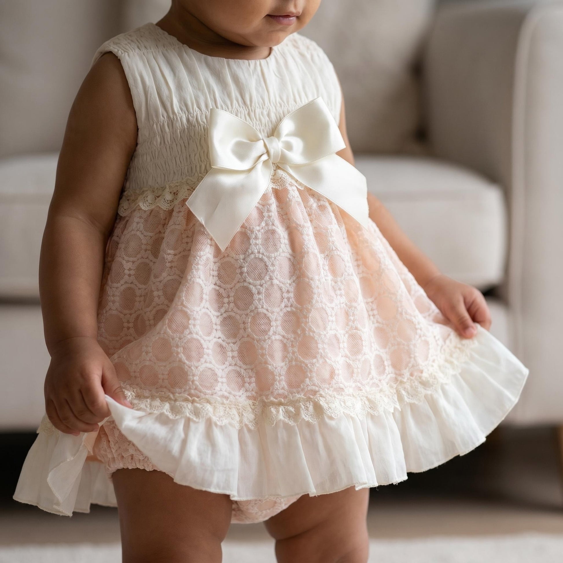 Baby Girls Pink & Cream Smocked Puff Dress & Bloomers Set
