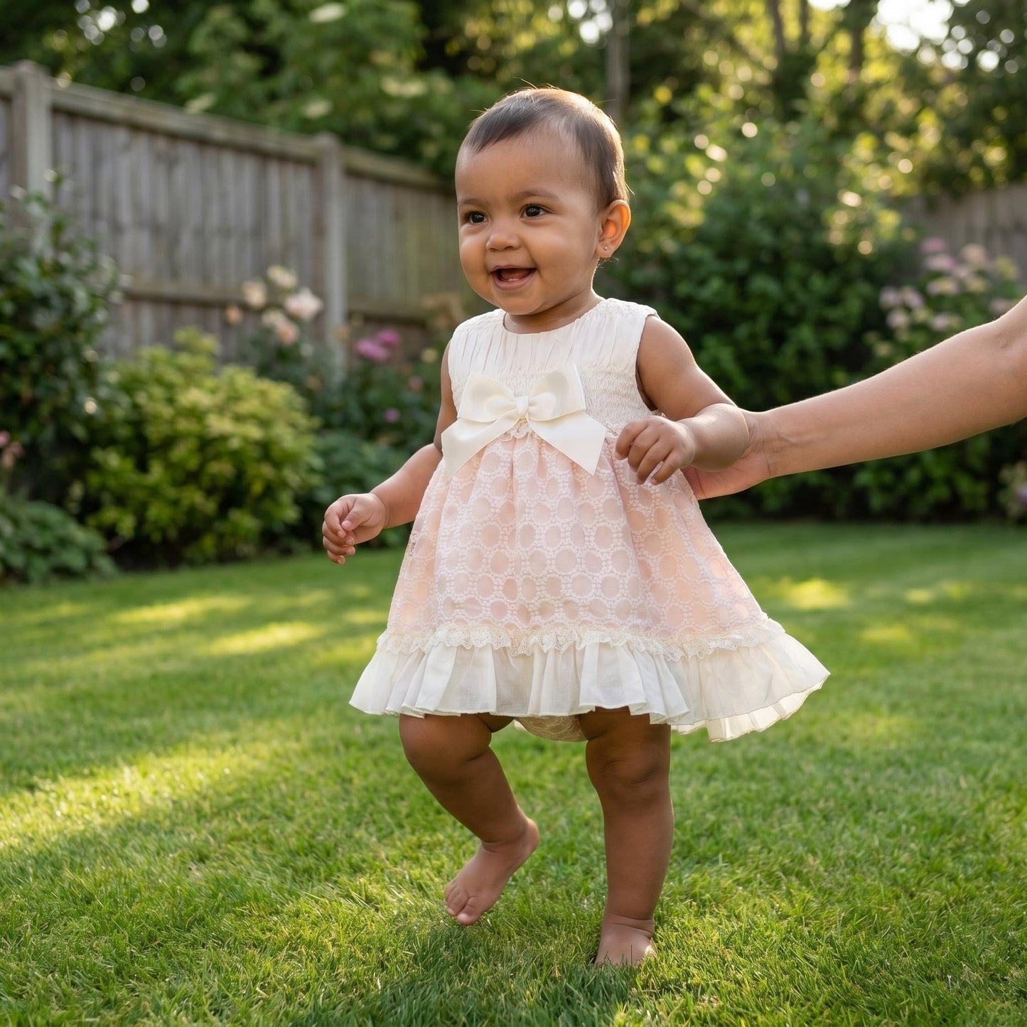 Baby Girls Pink & Cream Smocked Puff Dress & Bloomers Set