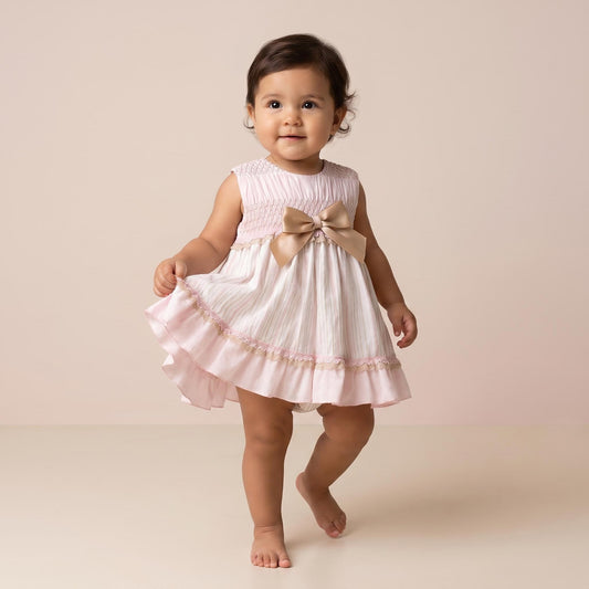 Baby Girls Beige & Camel Smocked Dress With Bloomer Pants