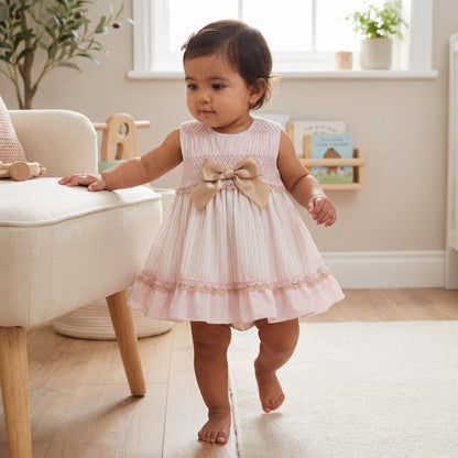 Baby Girls Beige & Camel Smocked Dress With Bloomer Pants