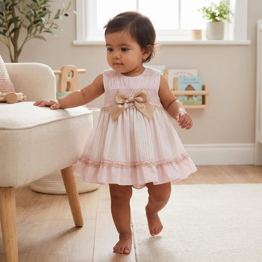 Baby Girls Beige & Camel Smocked Dress With Bloomer Pants