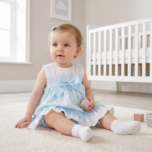 Baby Girls Pale Blue Floral Smocked Dress With Bloomer Pants