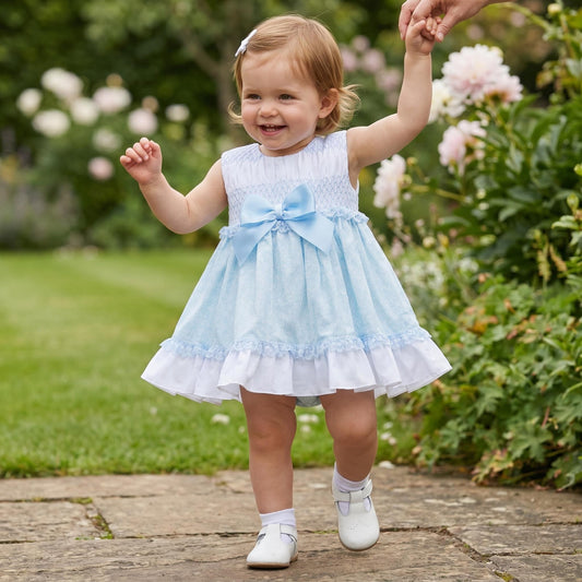 Baby Girls Pale Blue Floral Smocked Dress With Bloomer Pants