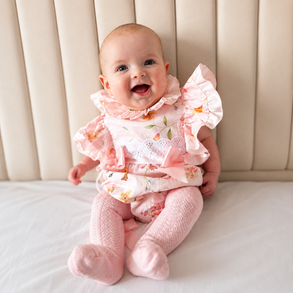 Baby Girls Pink Cotton Floral Frilly Shoulder Romper