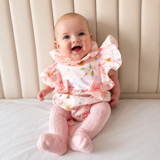 Baby Girls Pink Cotton Floral Frilly Shoulder Romper