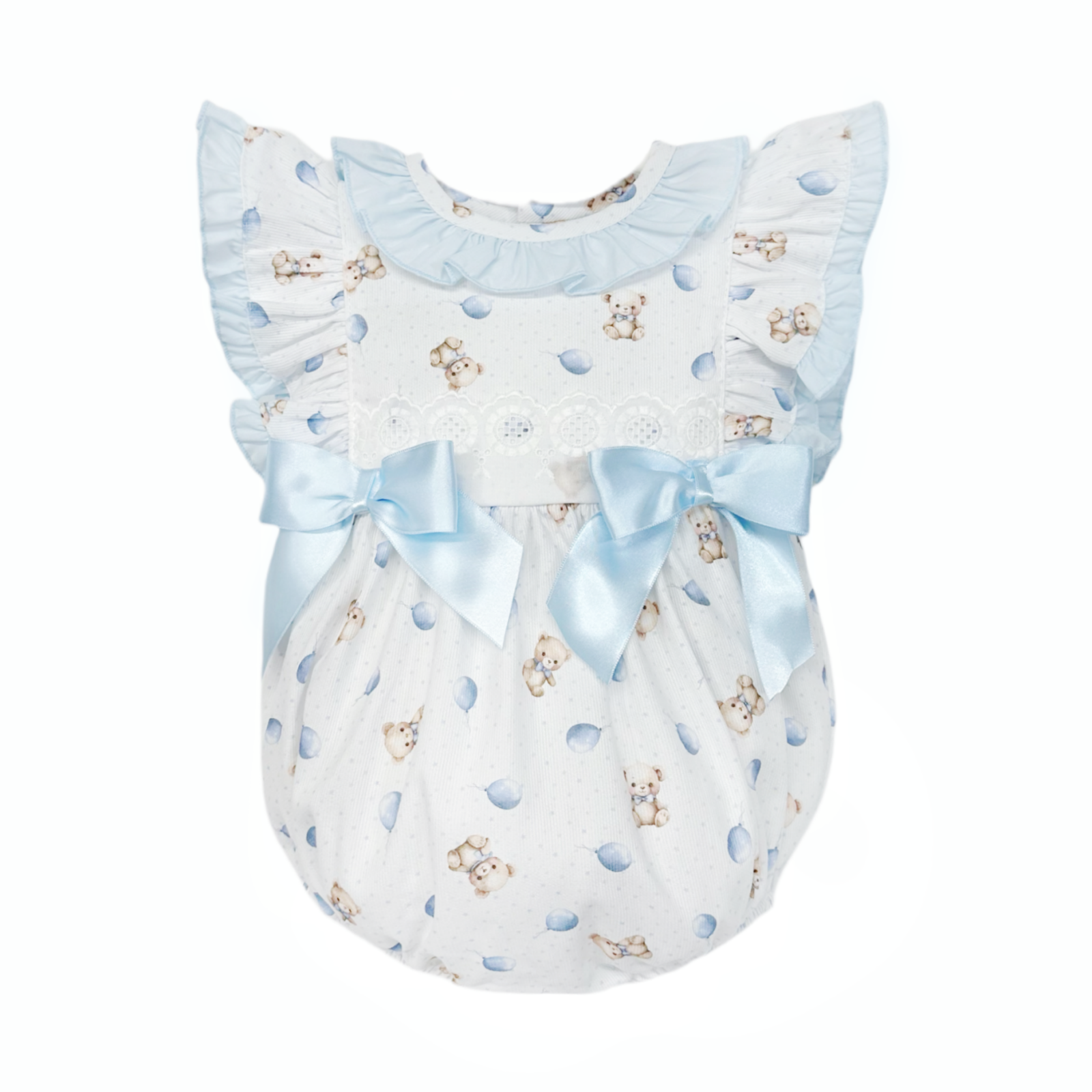 Baby Girls Blue Teddy Print Frilly Shoulder Romper