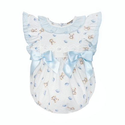 Baby Girls Blue Teddy Print Frilly Shoulder Romper