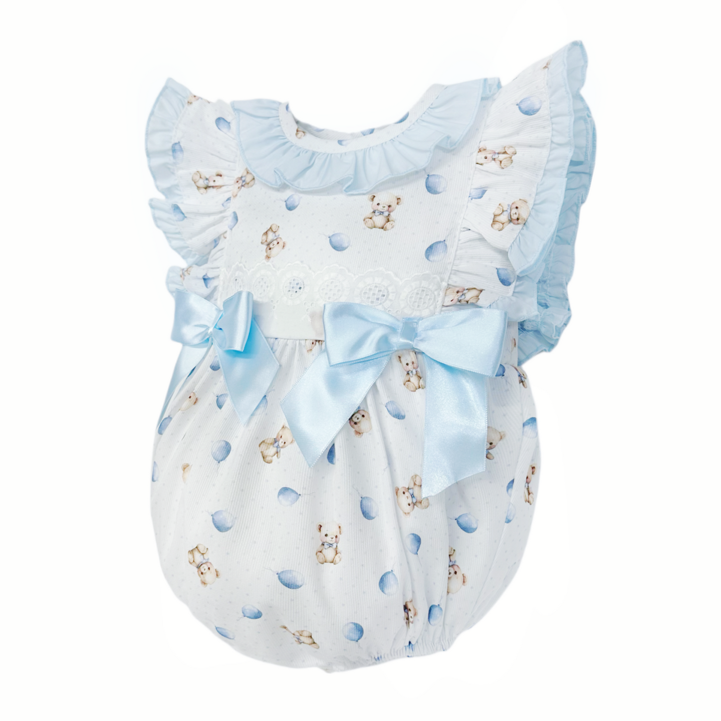 Baby Girls Blue Teddy Print Frilly Shoulder Romper