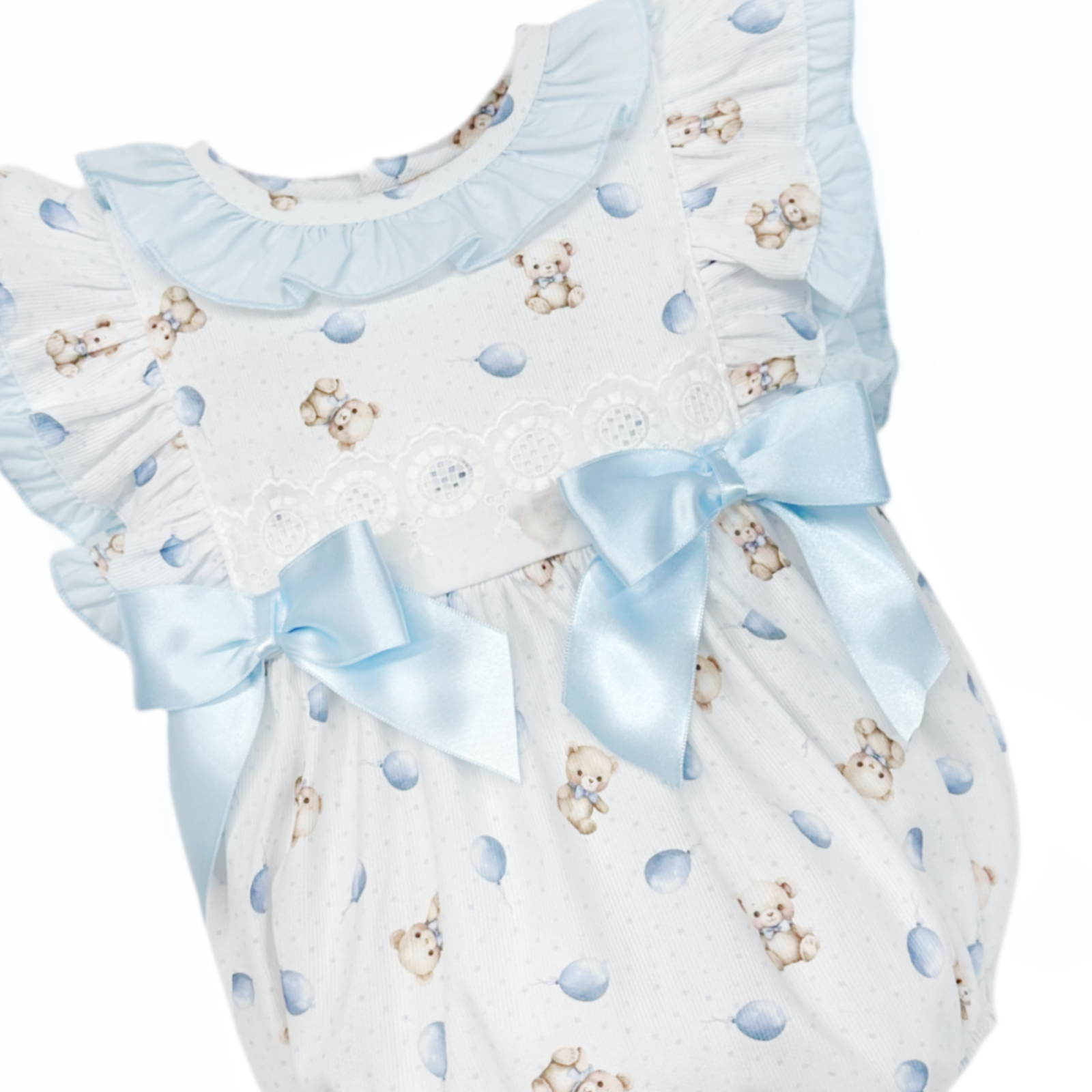 Baby Girls Blue Teddy Print Frilly Shoulder Romper
