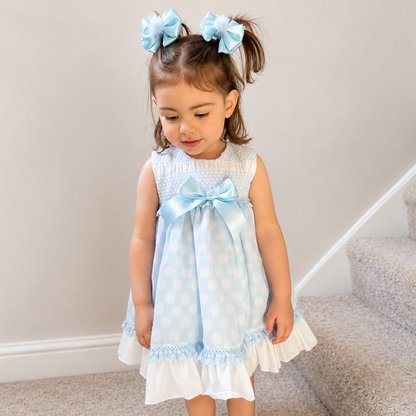 Baby Girls Blue Sheer Smocked Puff Dress With Pants