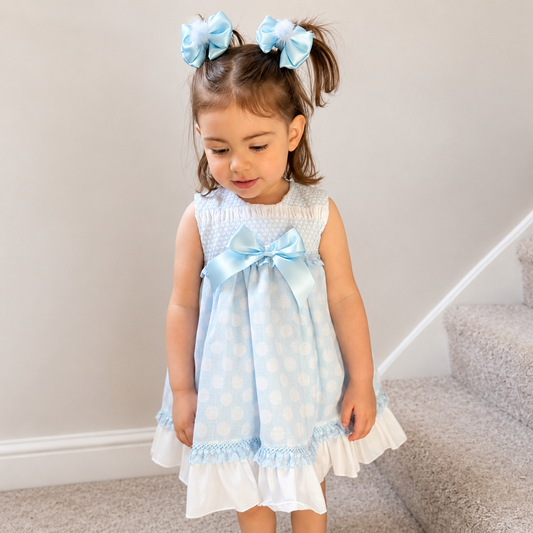 Baby Girls Blue Sheer Smocked Puff Dress With Pants