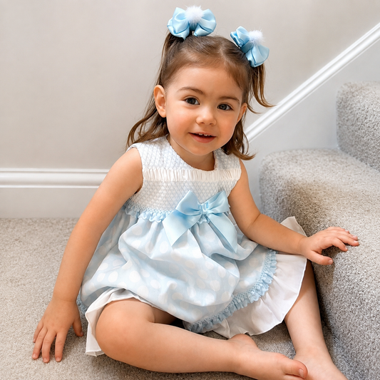 Baby Girls Blue Sheer Smocked Puff Dress With Pants