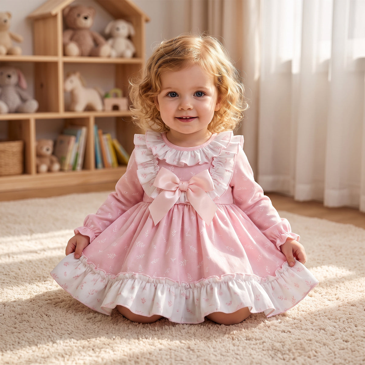 Baby Girls Pink Floral Print Puff Ball Dress With Pants