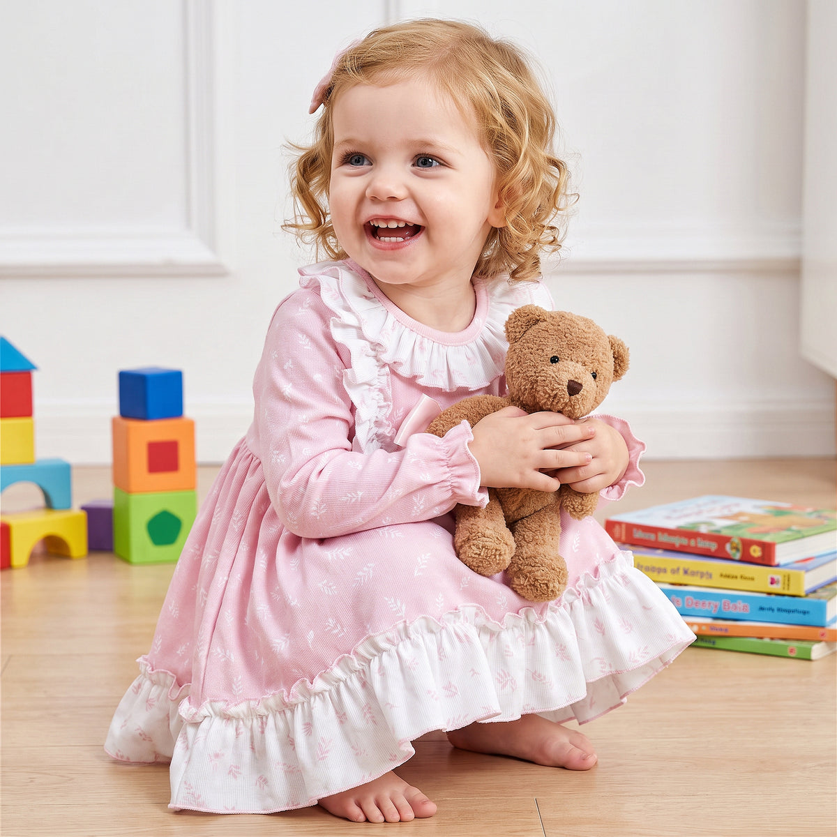Baby Girls Pink Floral Print Puff Ball Dress With Pants