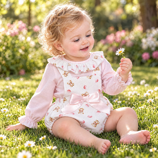 Baby Girls Pink Teddy Print Romper With Shirt