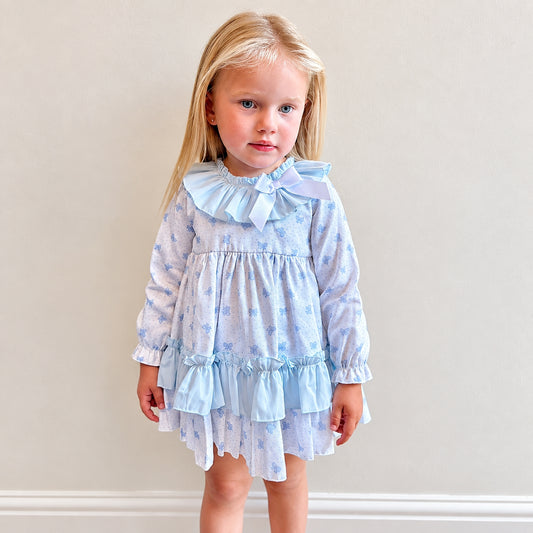 Baby Girls Blue Bow Print Puff Ball Dress With Pants
