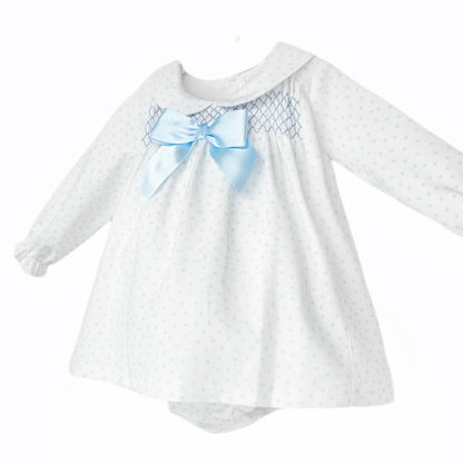 Side view of the pale blue heart-print dress with long sleeves and matching pants