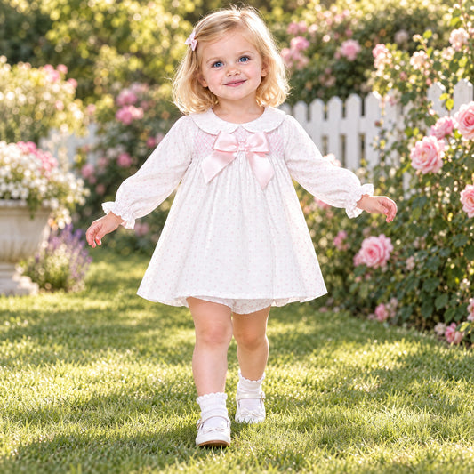 Baby Girls Pink Love Heart Smock Dress With Pants