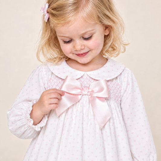 Baby Girls Pink Love Heart Smock Dress With Pants