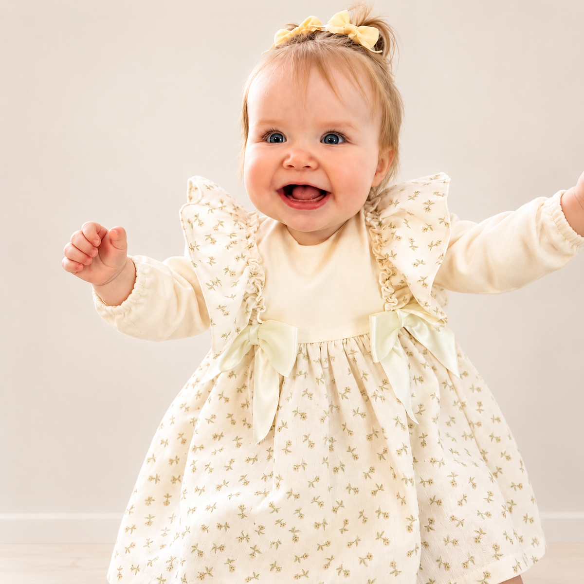 Baby Girls Yellow Floral Frilly Shoulder Dress With Pants