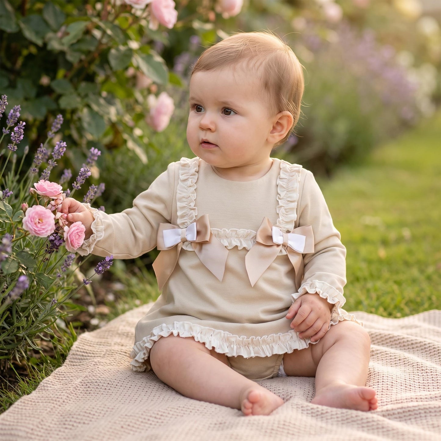 Baby Girls Light Camel Cotton Dress & Bloomers Set