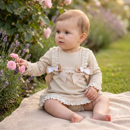 Baby Girls Light Camel Cotton Dress & Bloomers Set