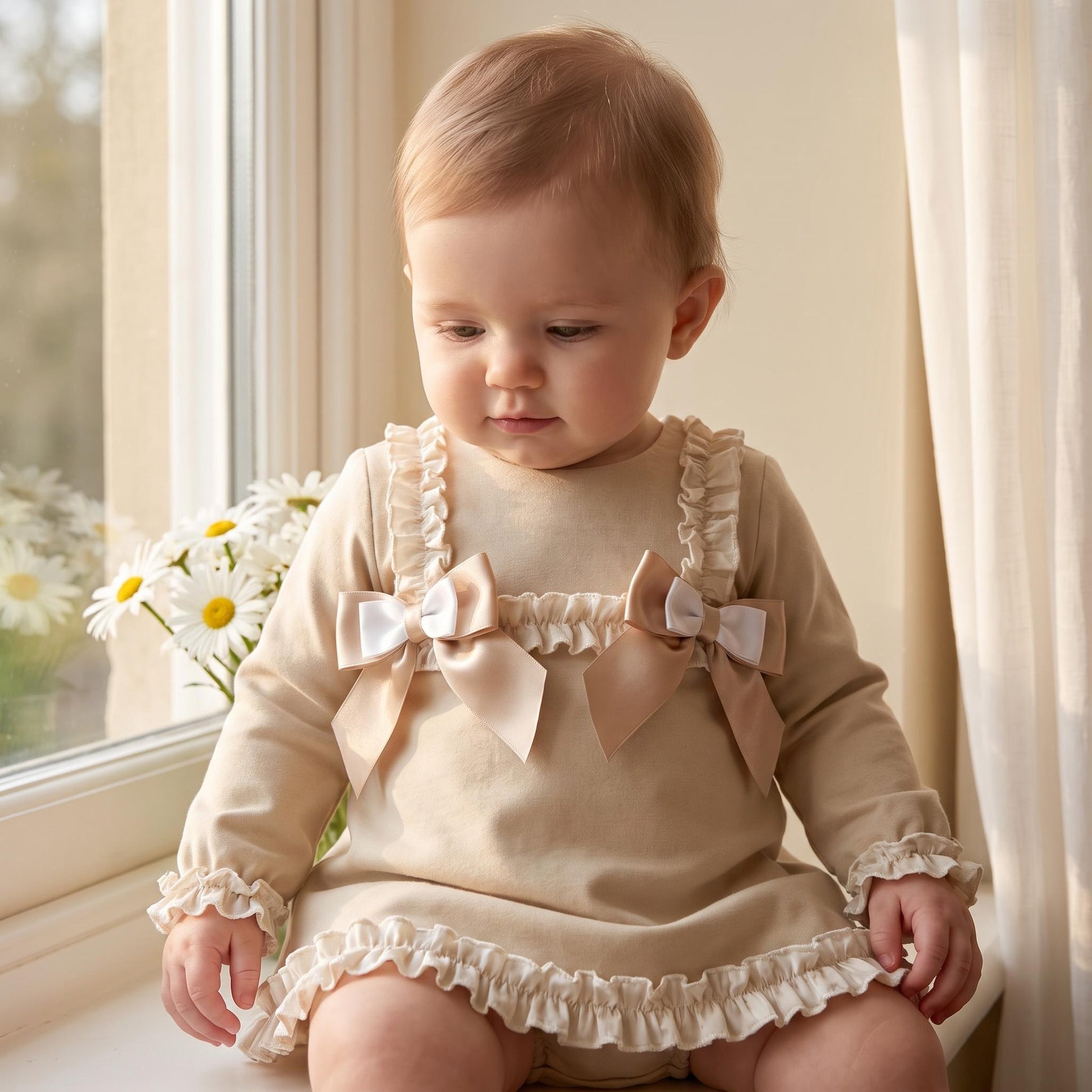 Baby Girls Light Camel Cotton Dress & Bloomers